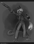 2016 alcohol anthro beverage claws clothing danji-isthmus dragon eastern_dragon food greyscale gun hair horn male missoro monochrome ranged_weapon scalie shotgun simple_background solo styx_y._renegade weapon whiskers white_hair 