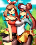  asymmetrical_docking breast_press breasts brown_hair cleavage double_bun haruka_(pokemon) huge_breasts kenron_toqueen licking_lips looking_at_viewer mei_(pokemon) multiple_girls naughty_face pantyhose pokemon pokemon_(game) pokemon_bw2 pokemon_oras short_shorts shorts sweat tongue tongue_out twintails visor_cap 