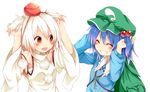  :d animal_ears arms_up backpack bag blue_hair blush cabbie_hat chikuwa_savi closed_eyes detached_sleeves floppy_ears grin hair_bobbles hair_ornament hat holding_ears inubashiri_momiji kawashiro_nitori key long_sleeves multiple_girls open_mouth playing_with_own_hair pom_pom_(clothes) red_eyes smile teeth tokin_hat touhou two_side_up upper_body white_background white_hair wide_sleeves wolf_ears 