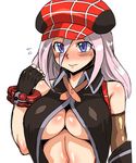  alisa_ilinichina_amiella bare_shoulders blue_eyes blush breasts commentary_request elbow_gloves fingerless_gloves gloves god_eater hat highres kitsune-tsuki_(getter) large_breasts long_hair looking_at_viewer navel silver_hair solo suspenders underboob 