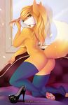  anthro big_breasts blonde_hair breasts butt canine clothing female footwear fox hair half-closed_eyes high_heels inside kneeling legwear looking_back mammal mostly_nude sertaa solo thigh_highs 