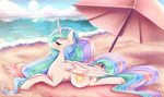 2016 beach beach_umbrella cloud cutie_mark equine eyelashes feathered_wings feathers female feral friendship_is_magic hair half-closed_eyes horn long_hair lying mammal multicolored_hair multicolored_tail my_little_pony on_front outside pastelmistress princess_celestia_(mlp) purple_eyes sand seaside sky solo sun water white_feathers winged_unicorn wings 