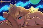  1girl bad_id bad_tumblr_id blonde_hair blue_eyes blush chiko_(mario) crown earrings hetero jewelry looking_at_viewer lumineko mario_(series) nude oral patreon_logo patreon_username penis pov precum rosetta_(mario) short_hair star star_earrings starry_background sucking_testicles super_mario_bros. super_mario_galaxy testicles uncensored watermark web_address 