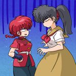  2girls blue_eyes braid chinese_clothes cowboy_shot genderswap grey_eyes hands_on_hips kunou_kodachi multiple_girls ponytail ranma-chan ranma_1/2 red_hair saotome_ranma school_uniform serafuku single_braid skirt tangzhuang wantan-orz wet 