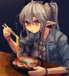  bee_(deadflow) blowing blush bowl bracelet checkered checkered_skirt chopsticks concon-collector egg food grey_hair jacket jewelry long_hair meat necklace noodles orange_eyes pointy_ears ramen skirt solo sweat twintails 