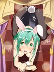  all_fours alternate_costume animal_ears areolae bare_shoulders blush breasts bunny_ears bunny_girl bunny_tail bunnysuit checkered checkered_floor cum cum_on_ass cum_on_body cum_on_clothes cum_on_lower_body curtains fake_animal_ears fake_tail green_eyes green_hair hair_between_eyes hair_ornament hairclip highres kantai_collection long_hair medium_breasts nipples open_mouth pantyhose red_footwear shoes solo suzuya_(kantai_collection) tail tassel uni_mmtab wrist_cuffs 