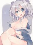  bare_shoulders blue_eyes breasts cleavage gijxgij highres kantai_collection kashima_(kantai_collection) large_breasts looking_at_viewer open_mouth short_hair silver_hair solo twintails 