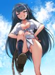  1girl ass_visible_through_thighs azur_lane black_hair blue_eyes blue_sky blush breasts cleavage cloud collarbone commentary_request deutschland_(azur_lane) eyebrows_visible_through_hair from_below front-tie_top fundoshi hands_on_hips headband highres japanese_clothes loincloth long_hair looking_at_viewer medium_breasts midriff multicolored_hair narrowed_eyes navel rope sandals shirt sky smile smirk solo stepping streaked_hair tango_(tn500) tied_shirt very_long_hair white_shirt 