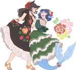 2girls animal_ears bangle black_hair blue_eyes blue_hair bracelet fish_tail flower hair_flower hair_ornament head_fins high_heels imaizumi_kagerou jewelry mefomefo mermaid mexican_dress monster_girl multiple_girls open_mouth red_eyes shawl shoes simple_background skirt_hold touhou wakasagihime white_background wolf_ears 