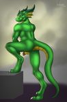  2015 anthro balls butt claws digitigrade dragon flaccid green_scales horn jardenon kasukajericho limp_penis looking_at_viewer male multicolored_scales muscular nude penis scales scalie simple_background smile solo two_tone_scales yellow_eyes yellow_scales 