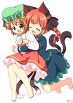  :d ^_^ animal_ears artist_name barefoot brown_eyes brown_hair cat_ears cat_tail chen closed_eyes commentary_request dress fang full_body hug hug_from_behind kaenbyou_rin long_sleeves multiple_girls multiple_tails nekomata open_mouth pila-pela red_dress short_hair smile tail touhou two_tails 
