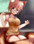  animal_ears breasts brown_eyes brown_hair fang futatsuiwa_mamizou glasses highres holding impossible_clothes impossible_shirt large_breasts mimikaki open_mouth raccoon_ears raccoon_tail red-framed_eyewear semi-rimless_eyewear shirt sitting skirt smile solo tail touhou under-rim_eyewear yoshiyuki_(14330975) 