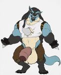  anthro blue_fur canine clothing dcrest13 fur lucario male mammal nintendo penis pok&eacute;mon simple_background solo uncut video_games white_background 