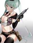  2015 2016 bag bangs belt_buckle belt_pouch black_legwear black_neckwear black_shorts breasts buckle cleavage closed_mouth cowboy_shot crop_top cropped_jacket dated detached_collar eyebrows eyebrows_visible_through_hair finger_on_trigger girls_frontline gradient gradient_background grey_background gun highres holding holding_gun holding_weapon large_breasts long_hair looking_at_viewer micro_uzi micro_uzi_(girls_frontline) midriff navel necktie ookamisama pouch short_shorts short_sleeves shorts sitting smile solo stomach thighhighs twintails very_long_hair weapon wrist_cuffs 