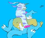  anthro anus balls blush butt digimon duo erection gabumon hand_on_head horn humanoid_penis implied_oral leg_grab male male/male partially_retracted_foreskin pelt penis signature spread_legs spreading straddling tohfu uncut veemon 