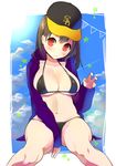  bikini black_bikini blush breasts brown_hair hat hood hood_down hoodie jacket large_breasts micro_bikini navel omucchan_(omutyuan) original red_eyes short_hair sitting smile solo swimsuit 