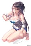  aken bangs barefoot black_hair blue_shorts breasts cleavage collarbone downblouse drawstring dungeon_and_fighter eyebrows eyebrows_visible_through_hair eyelashes fan fingernails full_body heart holding holding_fan hot kneehighs large_breasts long_fingernails long_hair looking_at_viewer no_bra open_mouth paper_fan ponytail print_shirt pulled_by_self shiny shiny_skin shirt shirt_pull short_shorts shorts shoulder_cutout sidelocks simple_background sleeves_pushed_up solo swept_bangs toenails toes tongue twitter_username uchiwa very_long_hair white_background 