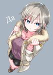  adjusting_clothes anastasia_(idolmaster) blue_eyes coat highres idolmaster idolmaster_cinderella_girls jewelry looking_up necklace short_hair silver_hair simple_background solo tsukimura 