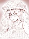  alternate_breast_size alternate_hairstyle blush breasts hat huge_breasts long_hair looking_at_viewer monochrome parmiria puffy_cheeks shiki_eiki solo touhou 