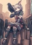 animal_ears animal_on_arm bag bee_(deadflow) bird bird_on_arm black_eyes blurry boots bow_(weapon) canyon crossbow depth_of_field dress falconer_(tree_of_savior) fang fantasy feathers gloves grey_hair hair_feathers looking_to_the_side open_mouth satchel short_hair sitting sketch sky smile solo sunset tree_of_savior vambraces water waterfall weapon 