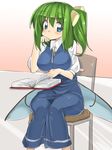 arm_support ase_(nigesapo) blue_eyes blush book breasts chair daiyousei desk dress dress_shirt fairy_wings green_hair head_rest large_breasts long_dress long_hair low_wings puffy_sleeves reading shirt side_ponytail sitting solo touhou transparent wings 