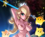  1girl areolae black-rayal blonde_hair blue_eyes breasts collarbone crown earrings eyebrows_visible_through_hair gradient_background hair_over_one_eye large_breasts long_hair looking_at_viewer luma navel nipples nude open_mouth parted_lips puffy_nipples rosetta_(mario) star super_mario_galaxy super_mario_world upper_body 