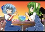  ase_(nigesapo) beach blue_eyes blue_hair blush bow chair cirno commentary crazy_straw d: daiyousei dating dress drink drinking_straw fairy_wings green_hair hair_bow heart heart_straw ice ice_wings letterboxed long_dress low_wings multiple_girls open_mouth pointing puffy_short_sleeves puffy_sleeves seaside shared_straw short_hair short_sleeves side_ponytail sitting smile sweatdrop table touhou wings yuri 