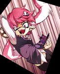  anakochan arm_up bangs bike_shorts black_shorts collared_shirt crazy_eyes crazy_smile domino_mask fangs hair_ornament highres holding holding_weapon inkling long_hair long_sleeves looking_at_viewer mask motion_blur motion_lines open_mouth pink_eyes pink_hair point_sensor_(splatoon) pointy_ears shirt shorts smile solo splatoon_(series) splatoon_1 sploosh-o-matic_(splatoon) tentacle_hair vest weapon 