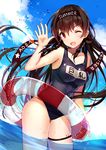  ;d absurdres aoba_(zhan_jian_shao_nyu) bison_cangshu breasts brown_hair character_name check_translation highres innertube medium_breasts one-piece_swimsuit one_eye_closed open_mouth red_eyes school_swimsuit smile solo swimsuit thigh_strap translation_request wading water zhan_jian_shao_nyu 