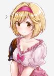  absurdres bad_id bad_pixiv_id blonde_hair blush breasts brown_eyes cleavage collarbone djeeta_(granblue_fantasy) fighter_(granblue_fantasy) furan_(marina6123) granblue_fantasy grey_background hairband highres looking_at_viewer medium_breasts pink_hairband short_hair short_sleeves simple_background smile solo upper_body v_arms 
