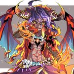  abs ahoge belt black_sclera bracelet dark_skin dark_skinned_male dated demon_boy demon_horns demon_wings fang fang_necklace fiery_hair fire highres horns jewelry kozakura_(dictionary) long_hair male_focus navel necklace open_mouth purple_hair puzzle_&amp;_dragons shaitan skull slit_pupils solo tattoo very_long_hair wings yellow_eyes 