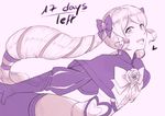  1girl armor blush bow commentary countdown dress drill_hair earrings elise_(fire_emblem_if) fire_emblem fire_emblem_if flower gloves hair_bow hair_ornament hair_ribbon heart jewelry lithety long_hair looking_at_viewer monochrome open_mouth ribbon rose smile solo teeth text twin_drills twintails very_long_hair 