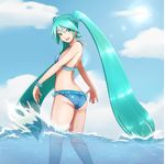  :d aqua_eyes aqua_hair bikini cloud day hatsune_miku highres lavie_(bansheestrikes) long_hair looking_back open_mouth scrunchie sky smile solo swimsuit twintails very_long_hair vocaloid wading water 