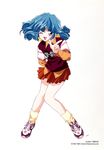  1girl 90s ;d aqua_hair arms_behind_back artist_name blue_eyes clothes_writing company_name dated full_body index_finger_raised knees_together_feet_apart long_sleeves loose_socks miniskirt official_art one_eye_closed open_mouth orange_shirt pleated_skirt rolfee shirt shoes short_over_long_sleeves short_sleeves simple_background skirt smile sneakers socks solo tadano_kazuko tonari_no_princess_rolfee white_background wing_collar 