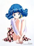  1girl 90s aqua_hair artist_name bare_legs barefoot blue_eyes company_name daisy dated floral_print flower full_body knees_to_chest legs_together long_sleeves official_art rolfee see-through simple_background sitting smile solo tadano_kazuko tonari_no_princess_rolfee white_background 