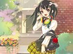  bag black_hair character_request cherry_blossoms hair_ribbon headphones headphones_around_neck highres itou_noiji long_hair open_mouth outdoors pink_ribbon pleated_skirt ribbon school_bag school_uniform shirt skirt solo twintails white_shirt yellow_eyes yellow_skirt 