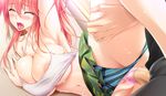  1girl areola_slip areolae blush breasts censored choco_chip closed_eyes collarbone condom ero_zemi game_cg hair_ribbon hetero huge_breasts long_hair miniskirt mosaic_censoring narumi_kaede navel open_mouth orange_hair panties panties_aside penis ponytail pussy ribbon saliva sex skirt solo_focus spread_legs striped striped_panties tongue tongue_out underwear vaginal 