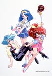  3girls 90s aqua_eyes aqua_hair blue_hair blunt_ends carrying_under_arm character_request company_name dated hairband high_heels high_ponytail looking_at_viewer minimum_nanonic multiple_girls noritaka_suzuki official_art open_mouth pantyhose pencil_skirt pleated_skirt red_hair shoes short_sleeves simple_background skirt sneakers wand white_background yellow_eyes 