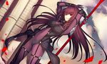  bodysuit breasts fate/grand_order fate_(series) highres kauto large_breasts long_hair petals polearm purple_bodysuit purple_hair red_eyes scathach_(fate)_(all) scathach_(fate/grand_order) solo spear weapon 