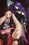  axe black_legwear blonde_hair boots bow breasts camilla_(fire_emblem_if) cleavage collaboration drill_hair elise_(fire_emblem_if) fire_emblem fire_emblem_if hair_over_one_eye high_heel_boots high_heels highres ishutani large_breasts lips long_hair looking_at_viewer multiple_girls naso4 open_mouth parted_lips pink_eyes purple_eyes purple_hair siblings smile teeth thigh_boots thighhighs tiara twin_drills twintails very_long_hair wavy_hair weapon zettai_ryouiki 