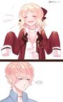  ... 1boy 1girl blonde_hair blood blue_eyes blush choker closed_mouth collarbone comic cosplay diabolik_lovers eyes_closed flat_chest hair_ornament hair_ribbon half-closed_eyes jacket komori_yui long_sleeves looking_at_another loose_clothes manmosu necklace nosebleed open_mouth petite ribbon sakamaki_shuu simple_background smile translated twitter_username uniform upper_body white_background 