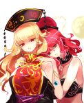  2girls bare_shoulders blonde_hair bra breasts chain chains cleavage commentary_request detached_sleeves dress earrings eyebrows_visible_through_hair gold_chain hands_on_another&#039;s_shoulders headdress hecatia_lapislazuli highres jewelry junko_(touhou) large_breasts leaning_on_person long_hair looking_at_viewer medium_hair multiple_girls no_nose parted_lips pointy_ears raptor7 red_eyes red_hair sash tabard touhou underwear upper_body yuri 