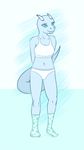  2016 abstract_background anthro blue_skin bra breasts clothing cyan_background cyan_eyes digital_media_(artwork) dragon female hands_behind_back horn legwear looking_at_viewer navel scalie simple_background smile socks solo standing underwear vecentria 