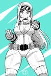  alternate_costume alternate_hairstyle belt breasts cammy_white capcom cleavage goggles goggles_on_head highres kenron_toqueen leotard monochrome street_fighter street_fighter_v unzipped utility_belt zipper 