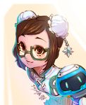  alternate_hairstyle artstation_sample bangs beads blue_dress brown_eyes brown_hair bun_cover china_dress chinese_clothes commentary donghyun_shin double_bun dress drone floating glasses green-framed_eyewear hair_ornament highres image_sample looking_at_viewer mei_(overwatch) overwatch parted_bangs robot short_hair short_sleeves snowball_(overwatch) snowflake_hair_ornament solo swept_bangs younger 