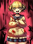  blonde_hair blood blood_stain bloody_clothes bloody_weapon boku_no_hero_academia boxcutter kenron_toqueen looking_at_viewer open_mouth sailor_collar school_uniform skirt sleeves_past_wrists solo toga_himiko tongue tongue_out weapon 