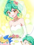  1girl :d ? ahoge alternate_costume bare_shoulders blonde_hair blue_hair blush bouquet breasts bridal_veil cleavage collarbone commentary_request dress earrings elbow_gloves flower gloves green_dress green_hair green_wedding_dress hair_flower hair_ornament imagining jewelry joman looking_at_viewer multicolored_hair necklace nose_blush open_mouth orange_eyes rin_(yuu-gi-ou_arc-v) short_hair small_breasts smile spiked_hair two-tone_hair veil wedding_dress white_gloves yuu-gi-ou yuu-gi-ou_arc-v yuugo_(yuu-gi-ou_arc-v) 