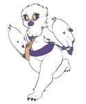  amelia_abernachy anthro avian beak bird black_feathers black_sclera book_bag breasts eyewear feathered_wings feathers female glasses itsunknownanon owl sash simple_background solo talons thick_thighs white_feathers wide_hips wings 