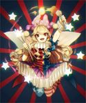  ahoge american_flag_dress american_flag_legwear blonde_hair chromatic_aberration clownpiece commentary_request dress fire full_body hat highres jester_cap juggling_club long_hair looking_at_viewer neck_ruff no-kan open_mouth outstretched_arm pantyhose petticoat polka_dot red_eyes shirt short_sleeves smile solo star star_print striped striped_legwear teeth torch touhou very_long_hair 