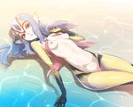  ban beach blue_hair blue_submarine_no_6 breasts long_hair looking_at_viewer lying monster_girl multicolored multicolored_skin mutio navel nipples nude on_back outdoors pale_skin partially_submerged pointy_ears red_eyes shiny shiny_skin skinny small_breasts solo therianthrope water yellow_skin 